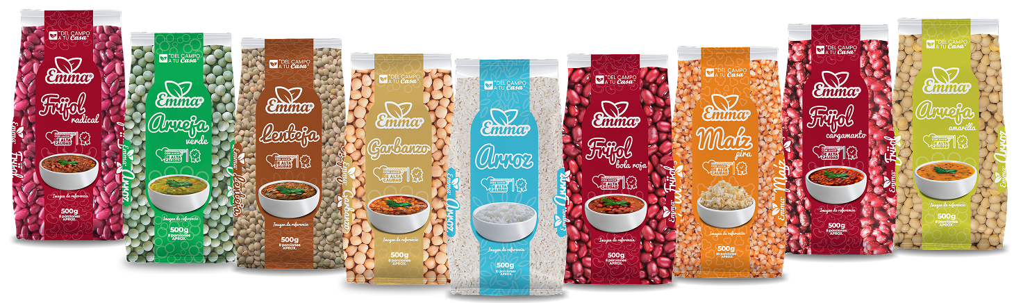 Productos Emma: arroz, frijol, lenteja, maíz y garbanzo